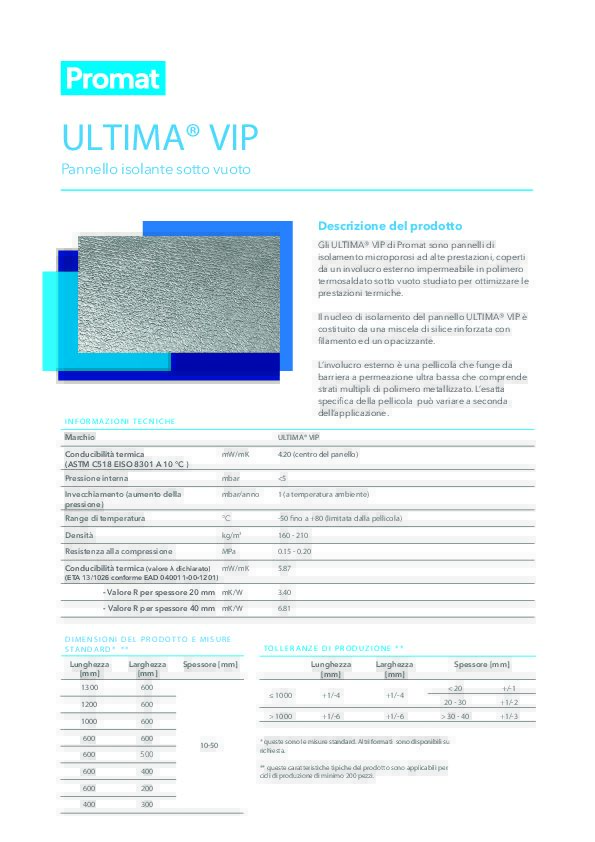 PROMAT ULTIMA® VIP: Pannelli isolanti sottovuoto - Promat
