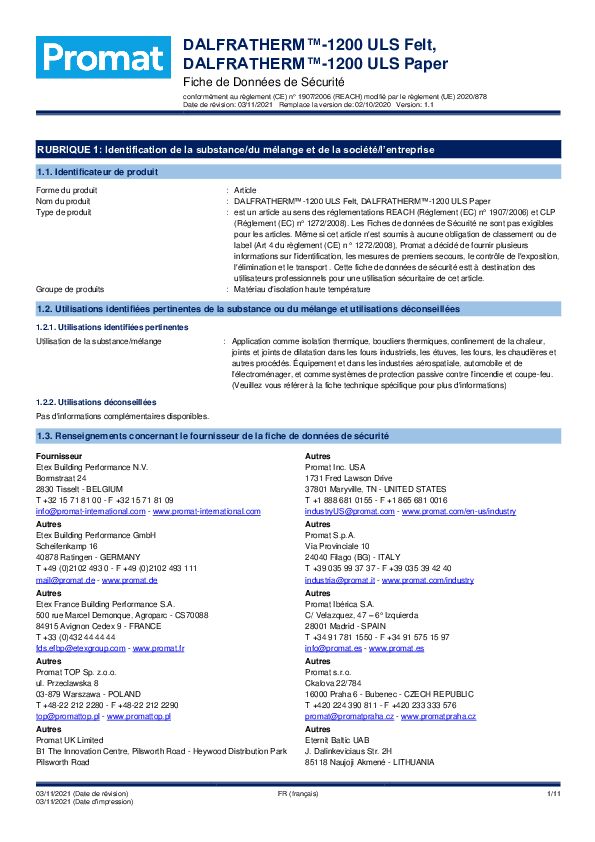 DALFRATHERM-1200 ULS PAPER / FELT SDS FR