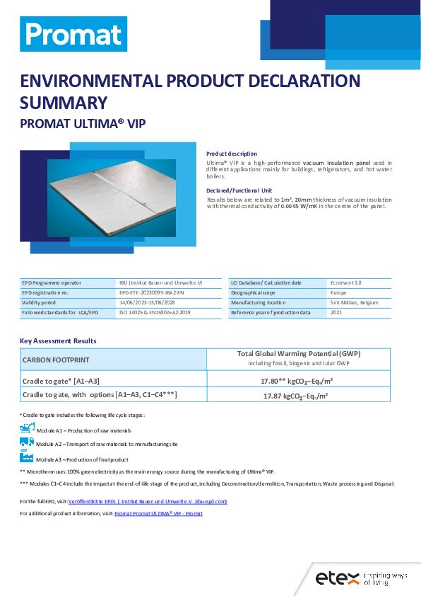 ULTIMA VIP EPD summary sheet
