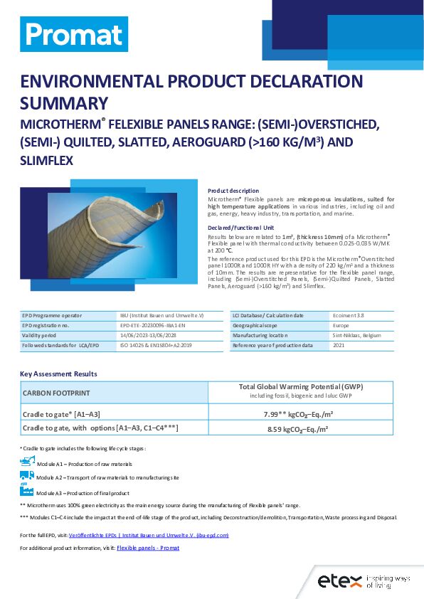 MICROTHERM Flexible Panels EPD summary sheet