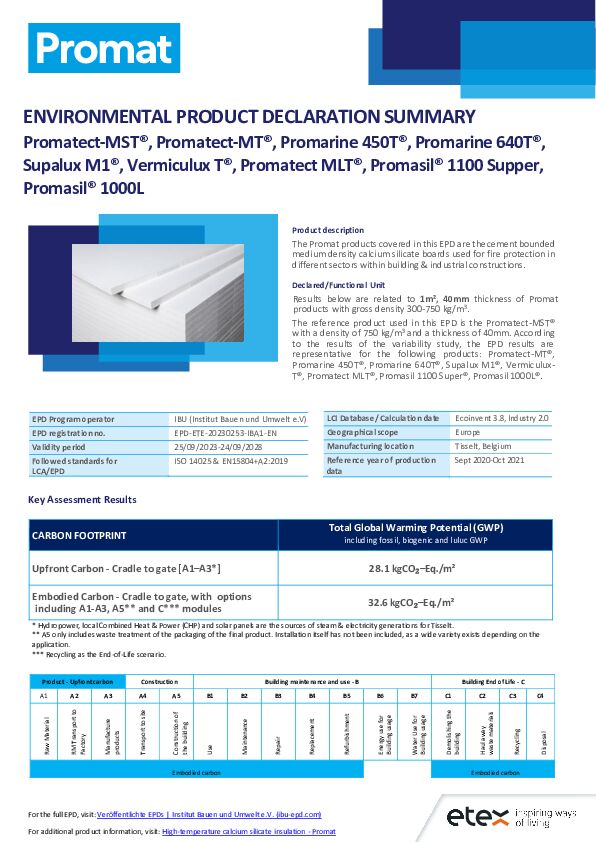PROMATECT-MST, PROMATECT-MT, PROMATECT-MLT, Promarine 450T and 640T, Vermiculux T, Supalux M1, Promasil 1000L, 1100 Super - EPD Summary sheet
