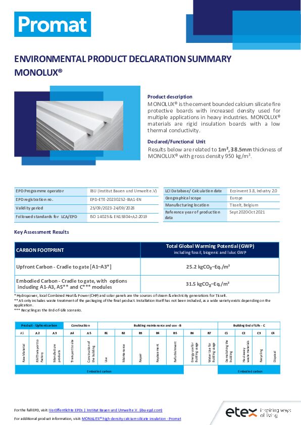 Monolux EPD summary sheet