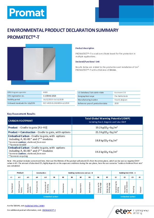 PROMATECT-T EPD Summary Sheet