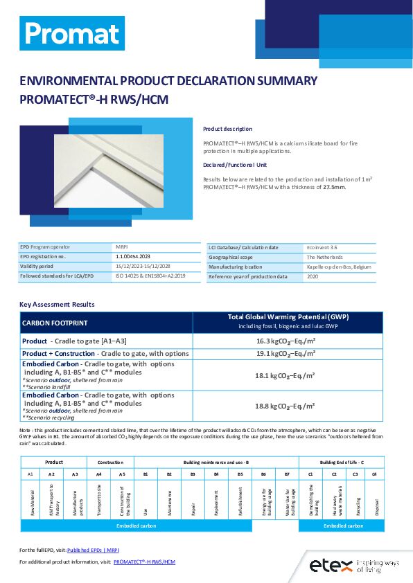 Promatect-H RWS HCM EPD Summary Sheet