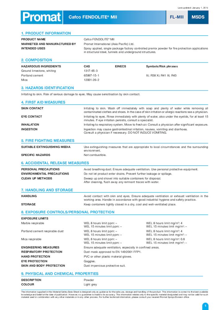 Cafco FENDOLITEE® MII Safety Data Sheet