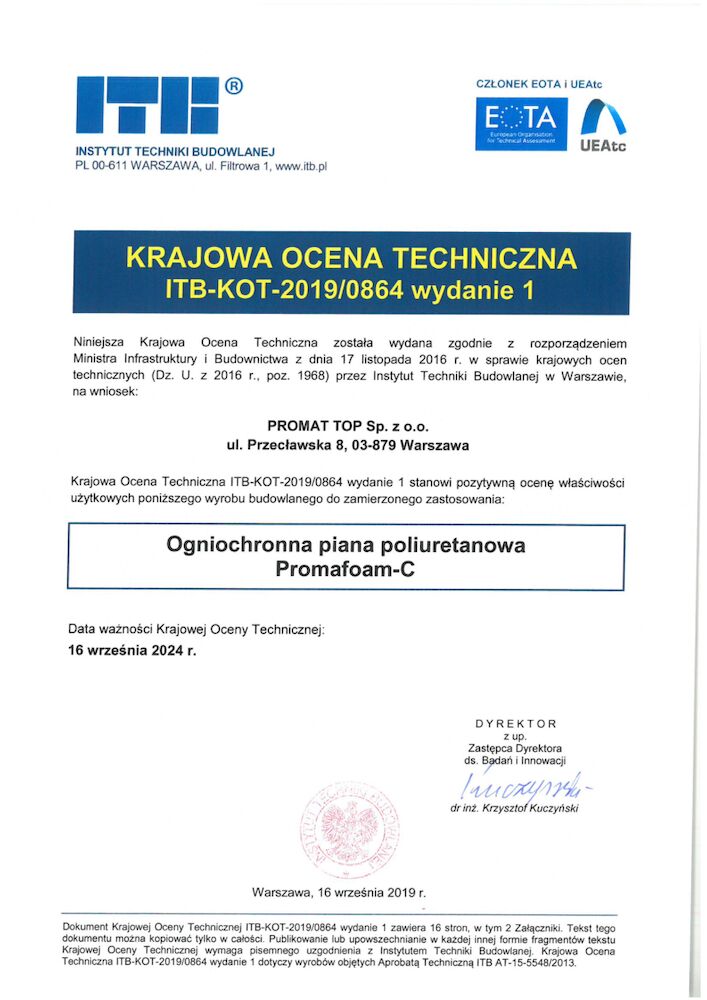 Piana poliuretanowa PROMAFOAM-C. ITB-KOT-2019-0864.