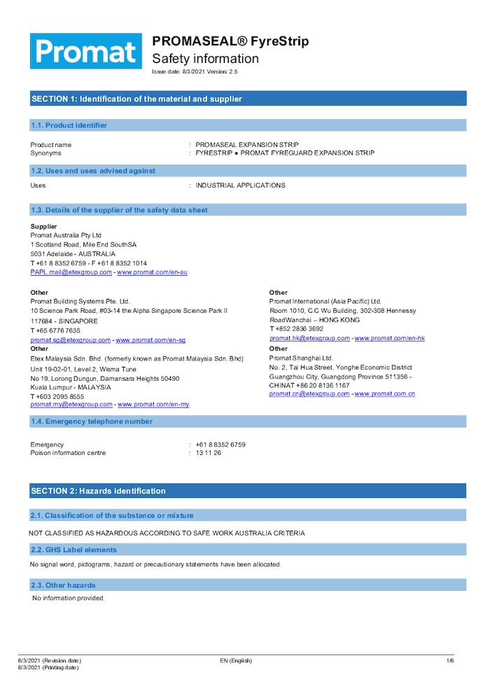 PROMASEAL® FyreStrip Safety Data Sheet