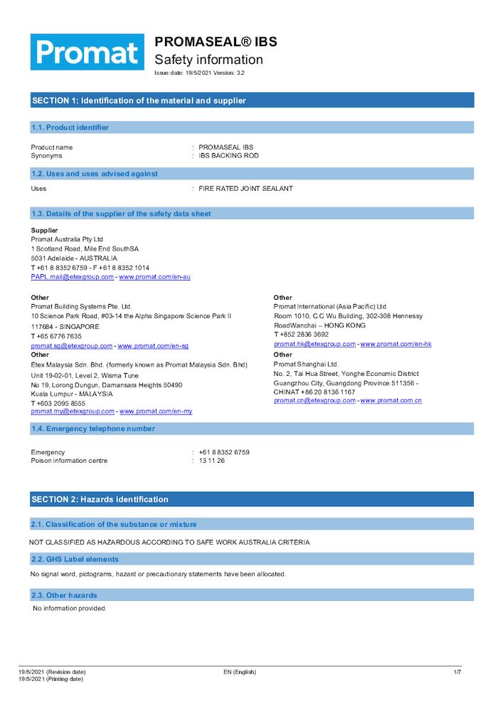 PROMASEAL® IBS™ Foam Strip Safety Data Sheet