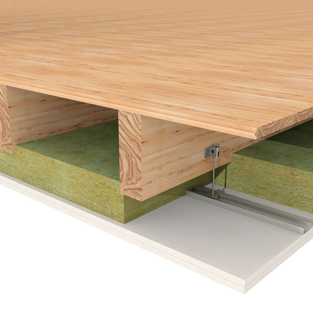 Plafond PROMATECT®-100 - Suspendu sous plancher bois - REI 60 - 38 dB - Sans isolation