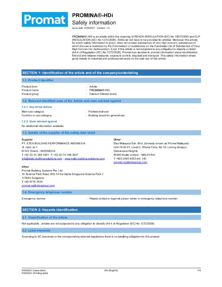 PROMINA®-HDi Safety Data Sheet