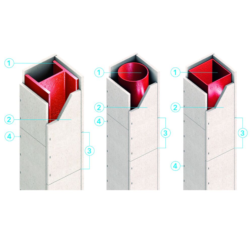 Stalen kolom (I-, H- en U-profielen; ronde, vierkante en rechthoekige kokerprofielen) beschermd met PROMATECT®-H - R90 
