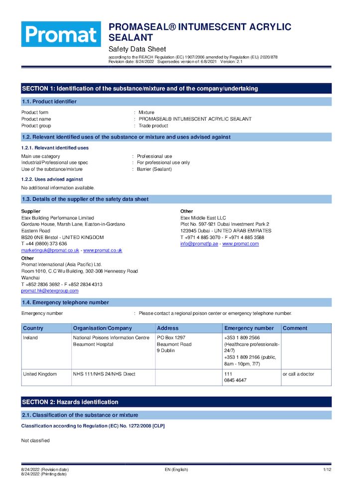 PROMASEAL® Intumescent Acrylic Sealant Safety Data Sheet