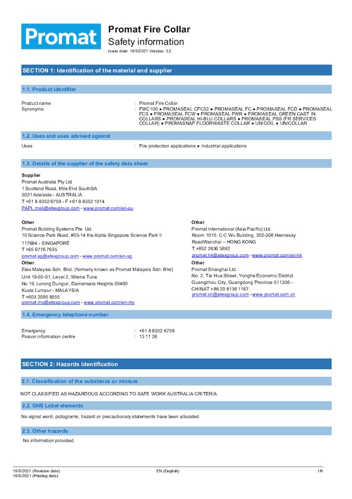 Promat Fire Collar Safety Data Sheet