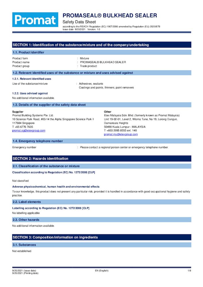 PROMASEAL® Bulkhead Sealer Safety Data Sheet