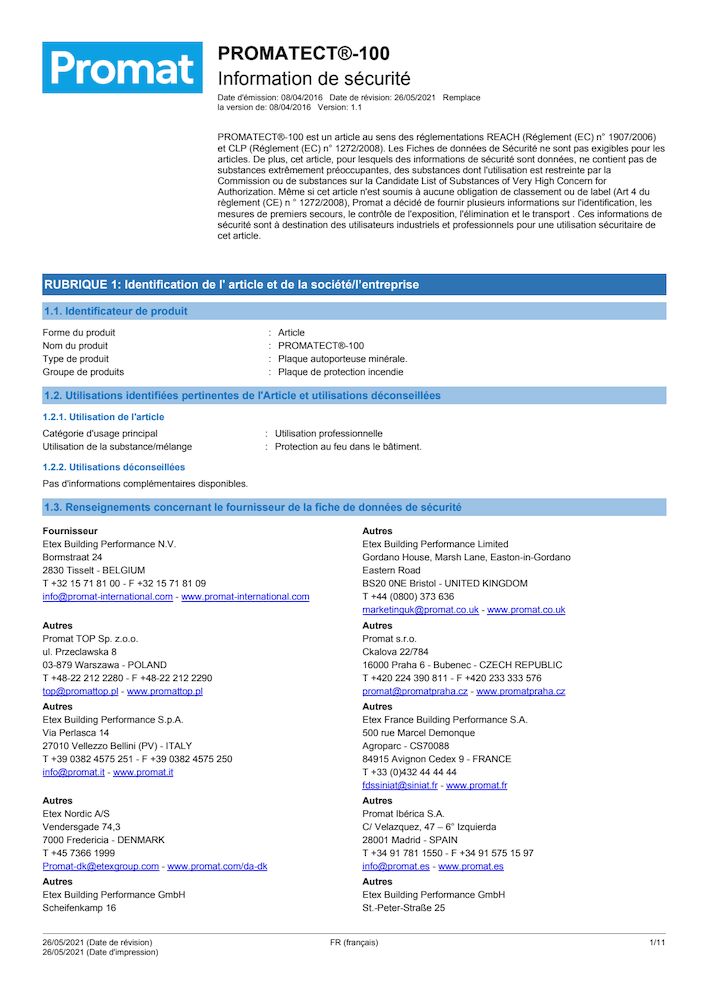 Information de sécurité - PROMATECT®-100