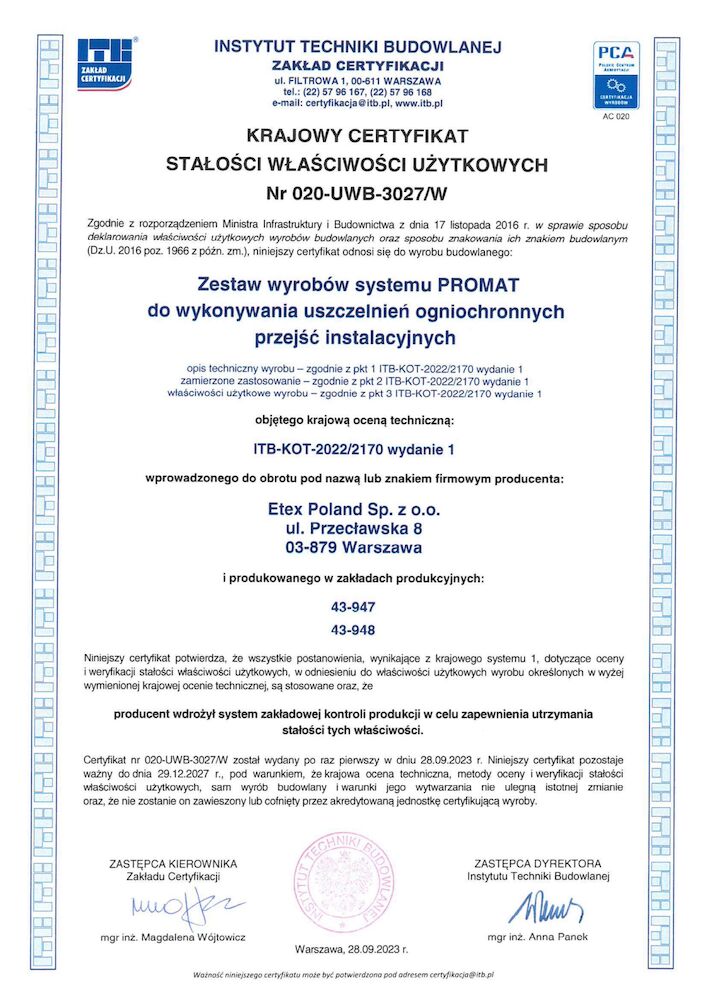 Krajowy certyfikat stałości właściwości użytkowych Nr 020-UWB-3027/W