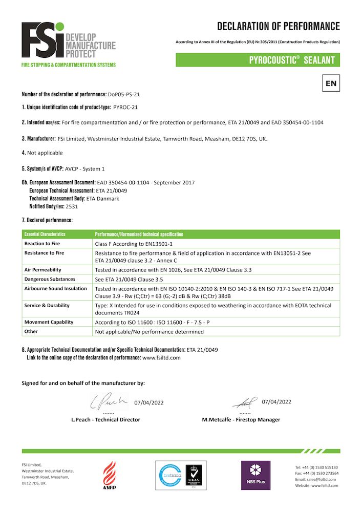 DoP FSiPromat Pyrocoustic Sealant - Penetration Seal