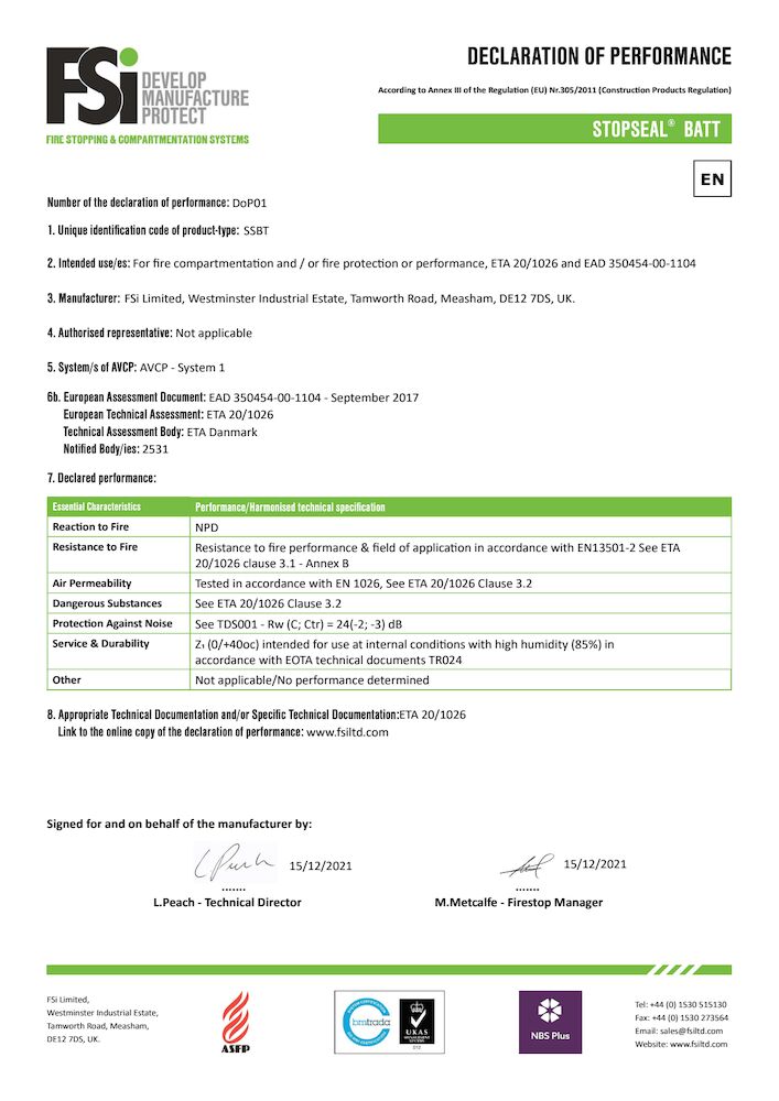 DoP FSiPromat Stopseal Batt