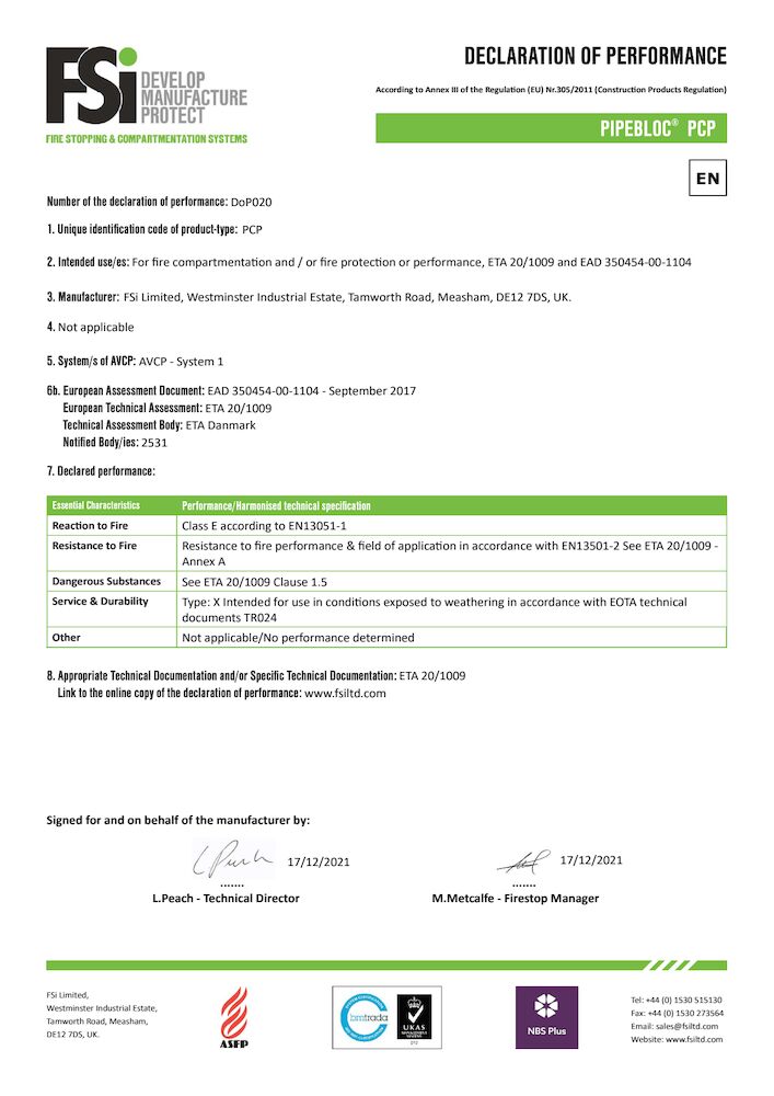 DoP FSiPromat PipeBloc PCP