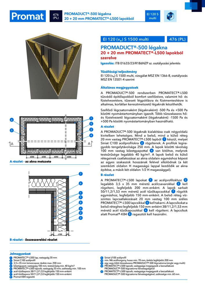 476 (PL) PROMADUCT®-500 légakna 20 + 20 mm PROMATECT®-L500 lapokból