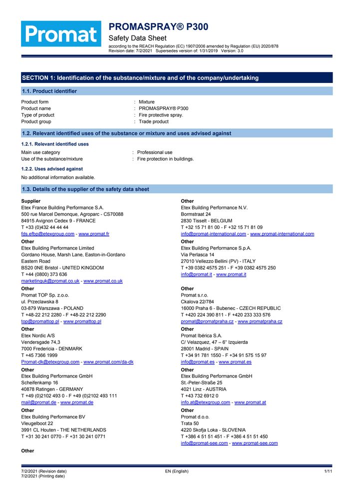 PROMASPRAY®-P300 Safety Data Sheet