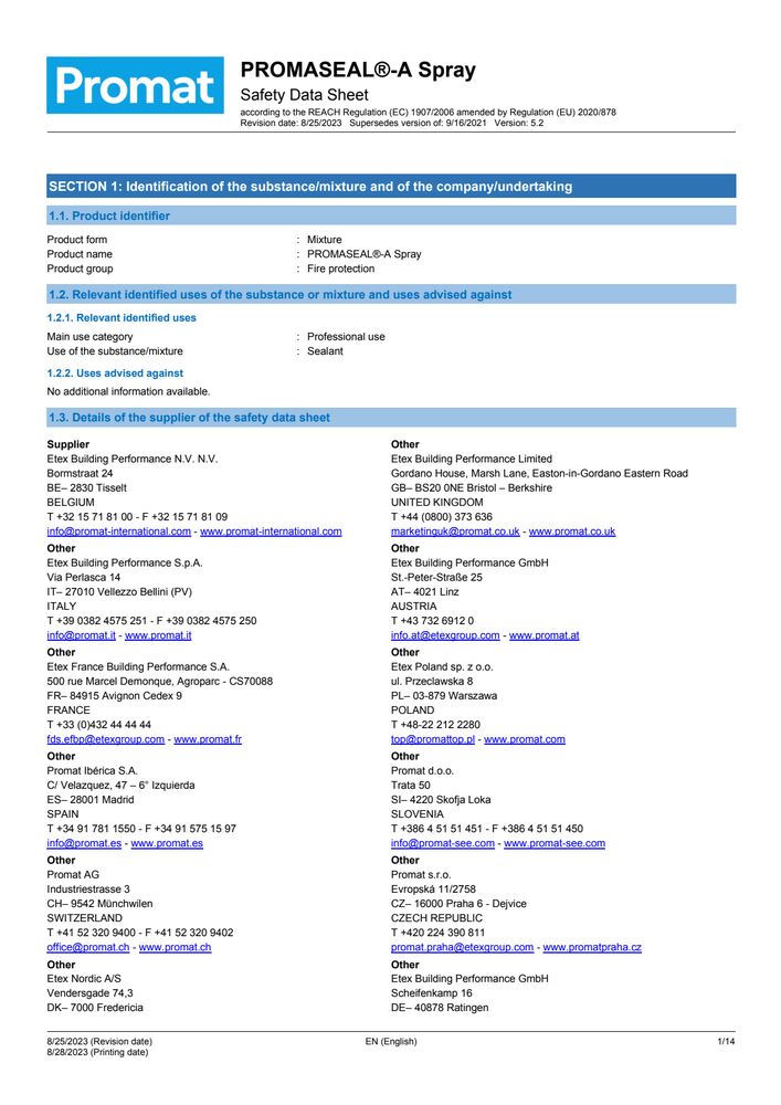 PROMASEAL®-A Spray Safety Data Sheet