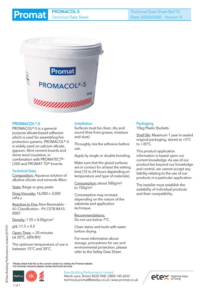 Promat TDS172 PROMCOL-S Silicate-Based Adhesive Mar20