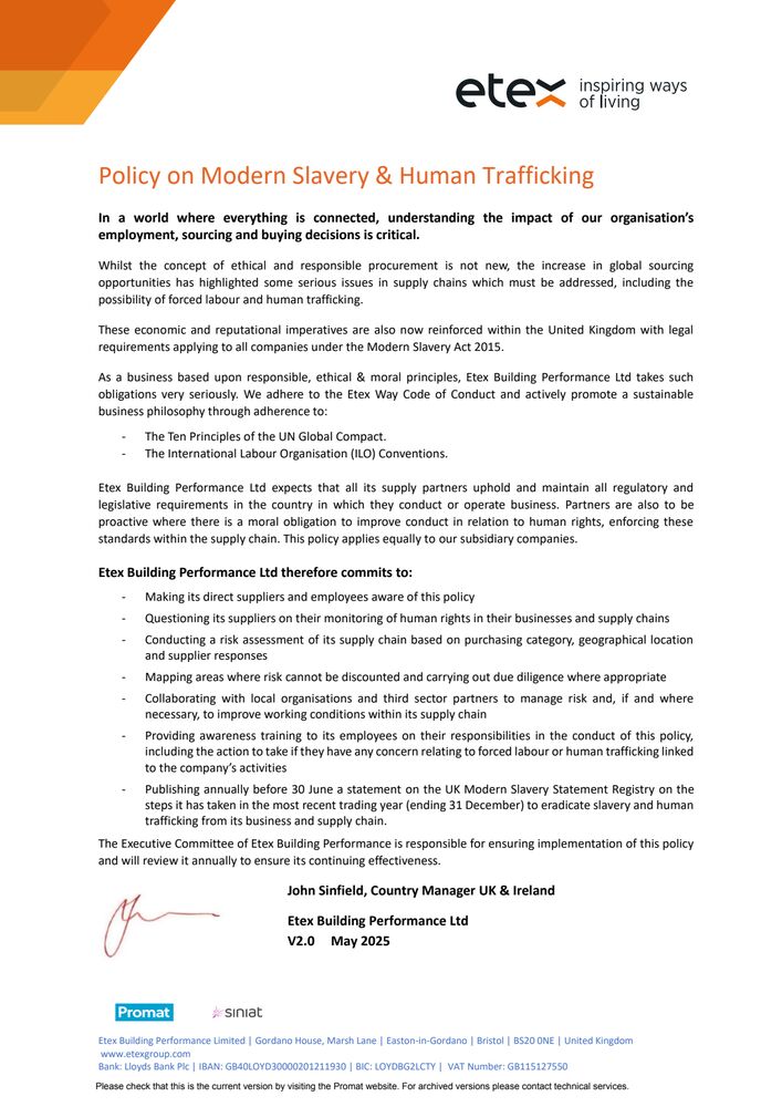 Etex BP - Policy on Modern Slavery and Human Trafficking